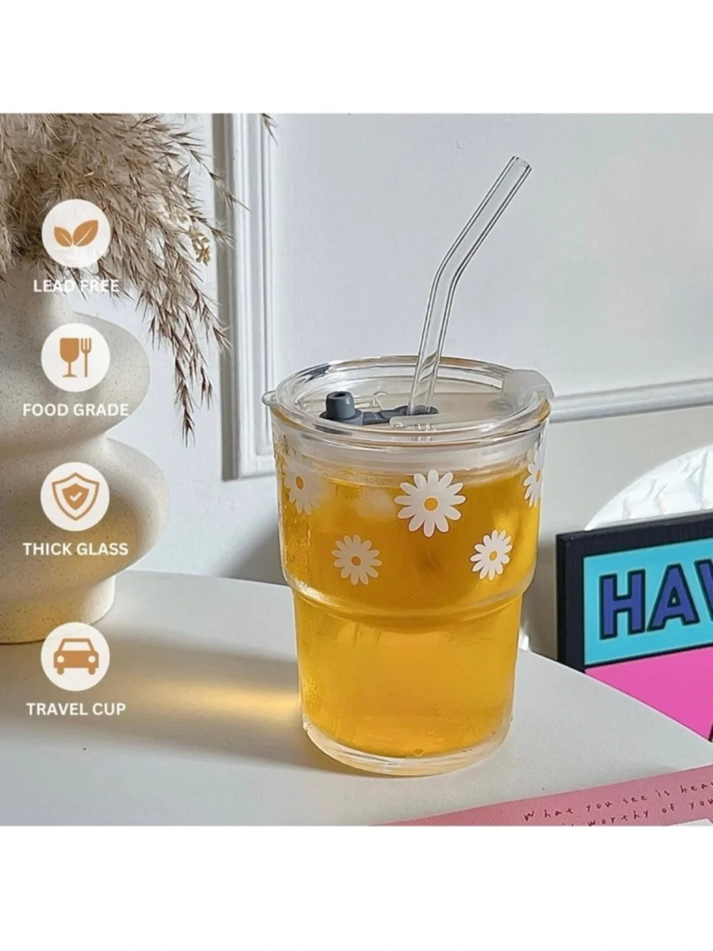 13 oz glass tumbler with straw and lid